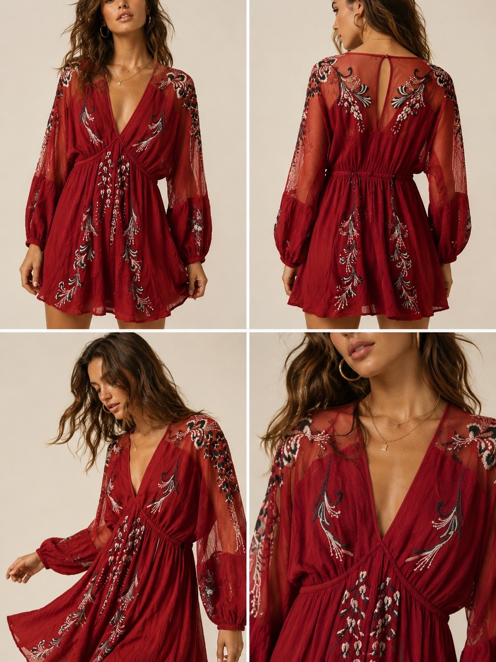 Free People Burgundy Embroidered V-Neck Mini Dress